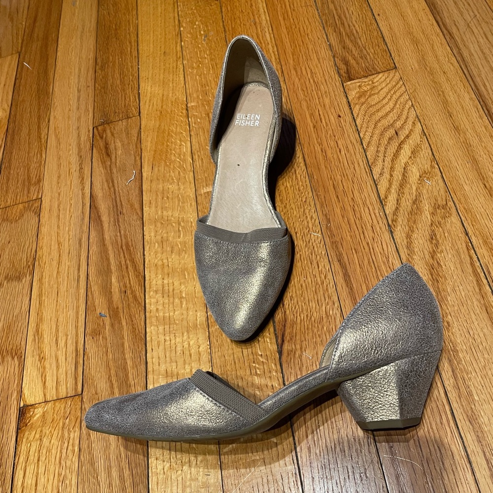Eileen Fisher Rumi D’Orsay Metallic Leather Rumi Pump Shiny Chunky block heel 8